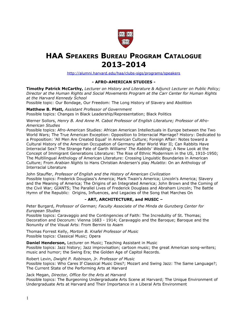 HAA Speakers Bureau Program Catalogue