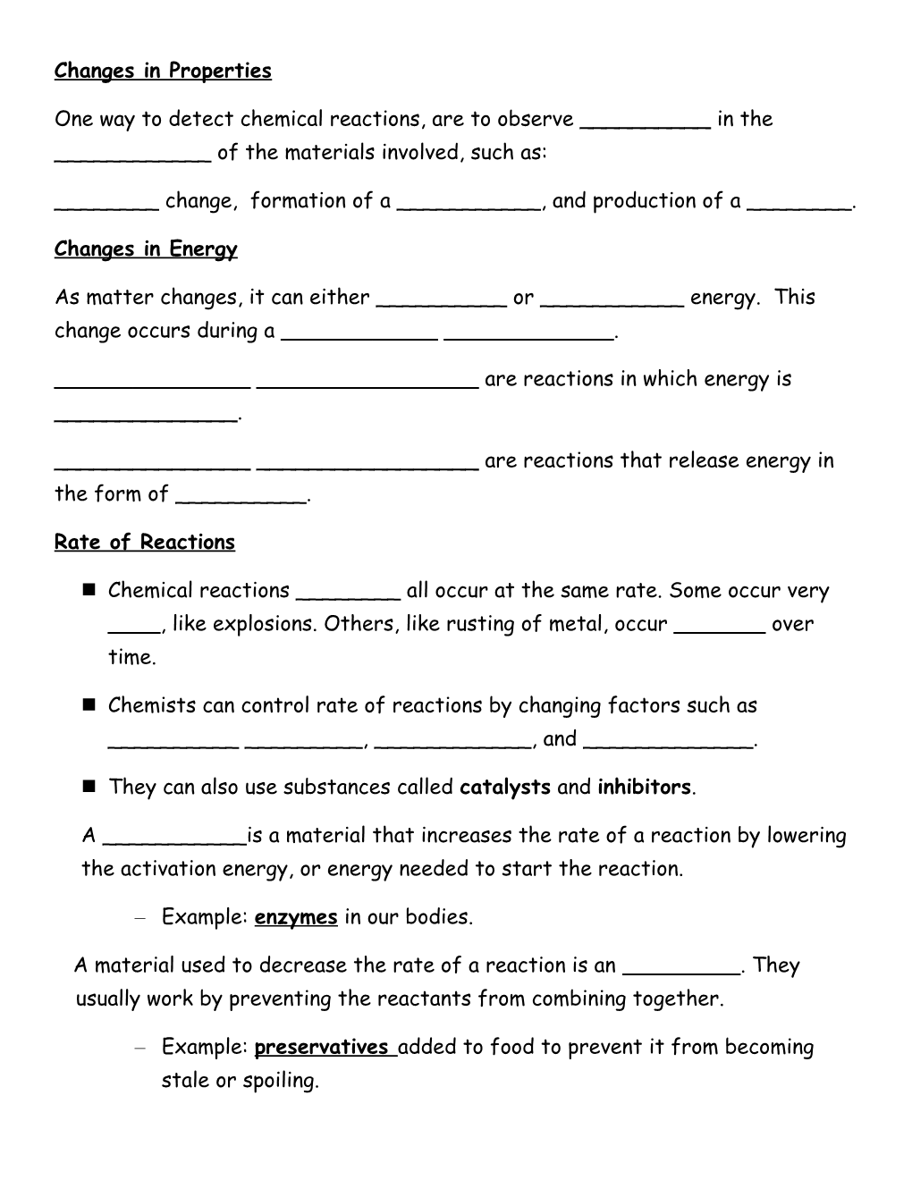 Chemical Changes and Reactions- Guided Notes