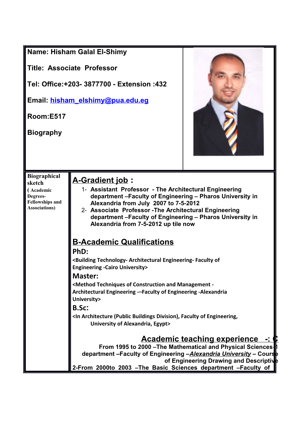 Name: Hisham Galal El-Shimy Title: Associate Professor Tel: Office:+203- 3877700 - Extension