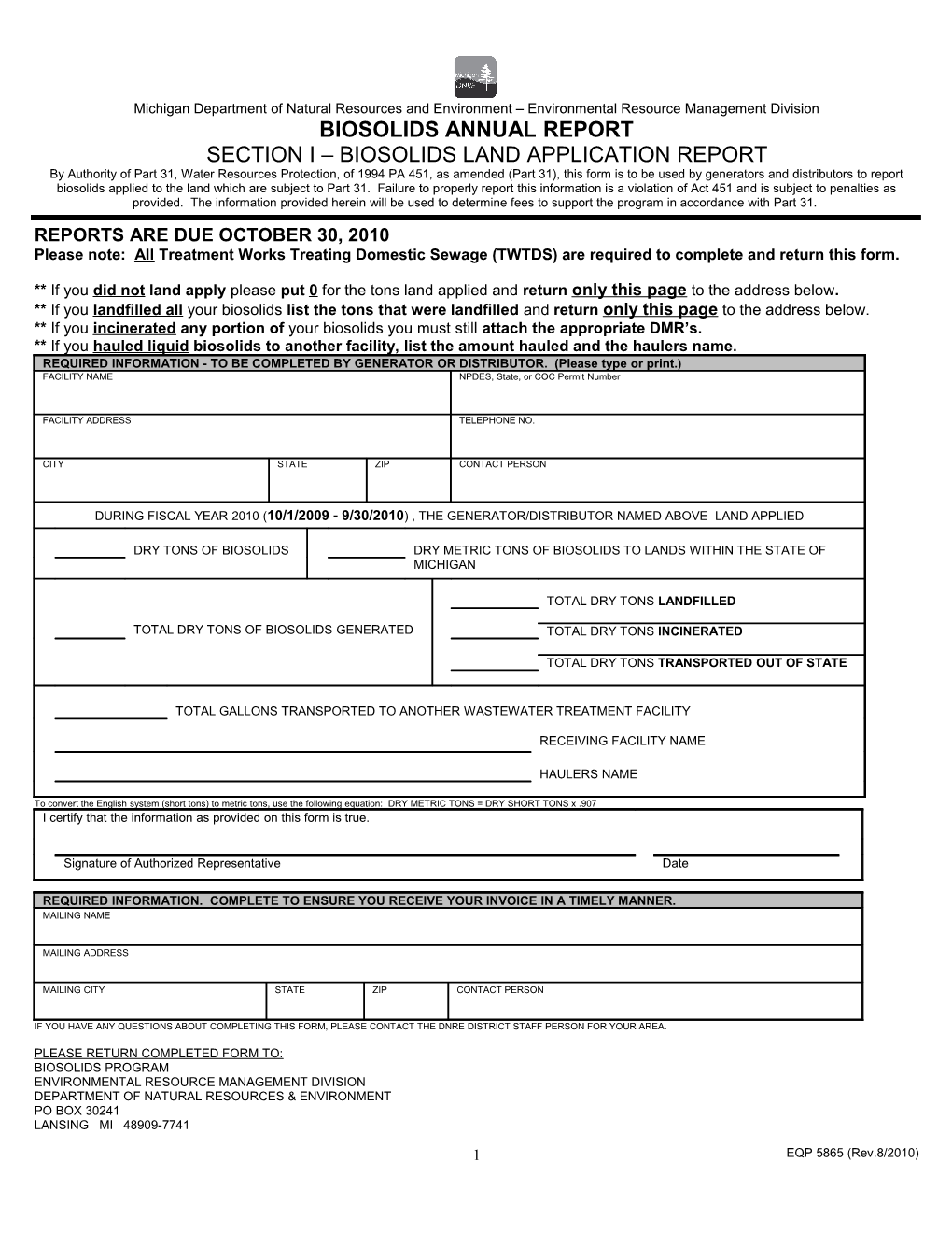 Michigan Department of Natural Resources and Environment Environmental Resource Management