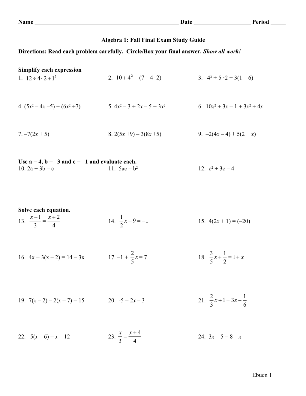 Algebra 1: Fall Final Exam Study Guide
