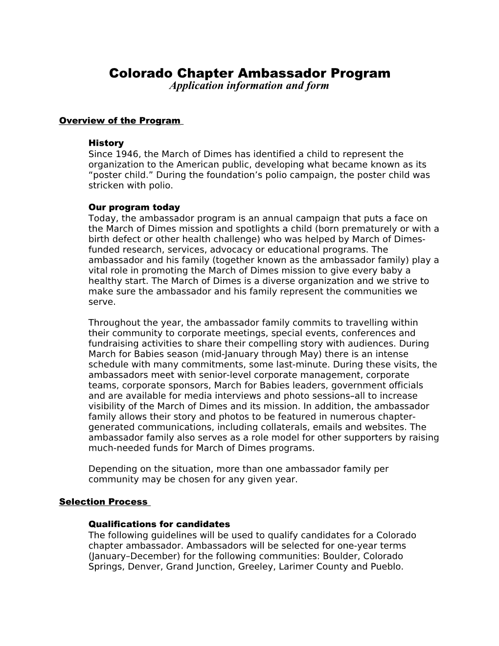 Colorado Chapter Ambassador Program Application Information and Form
