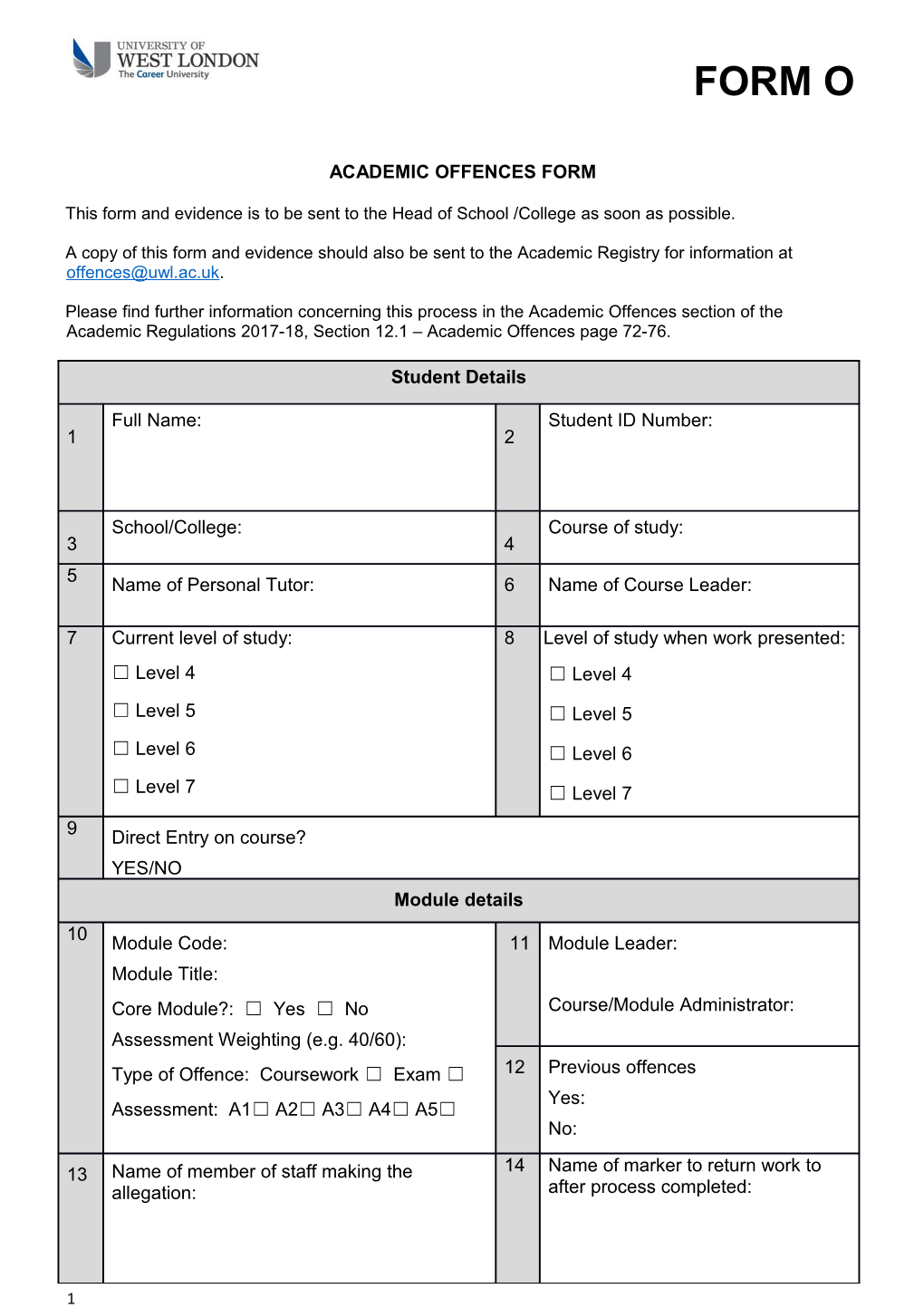 University of West London Mitigation Form