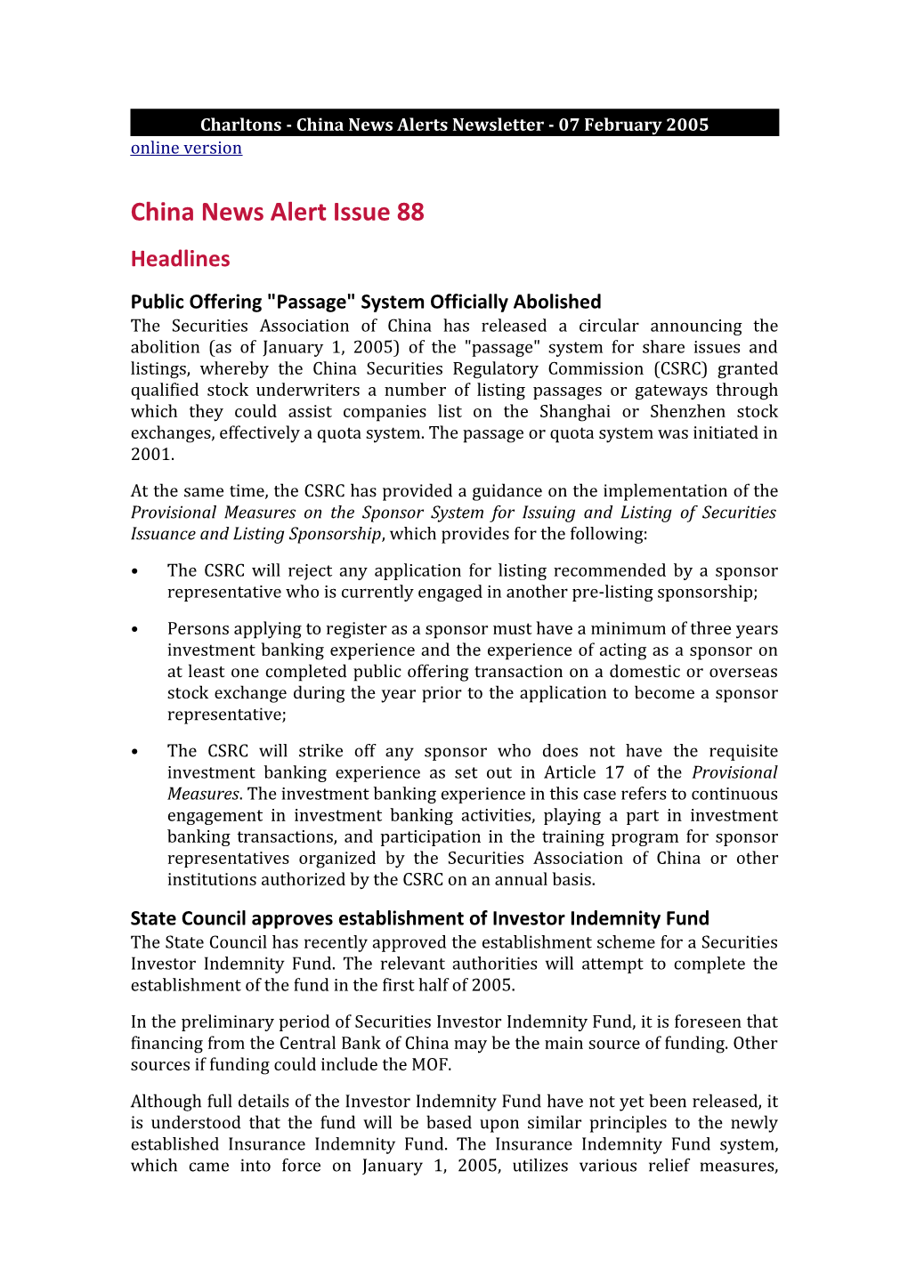 Charltons - China News Alerts Newsletter - 07 February 2005