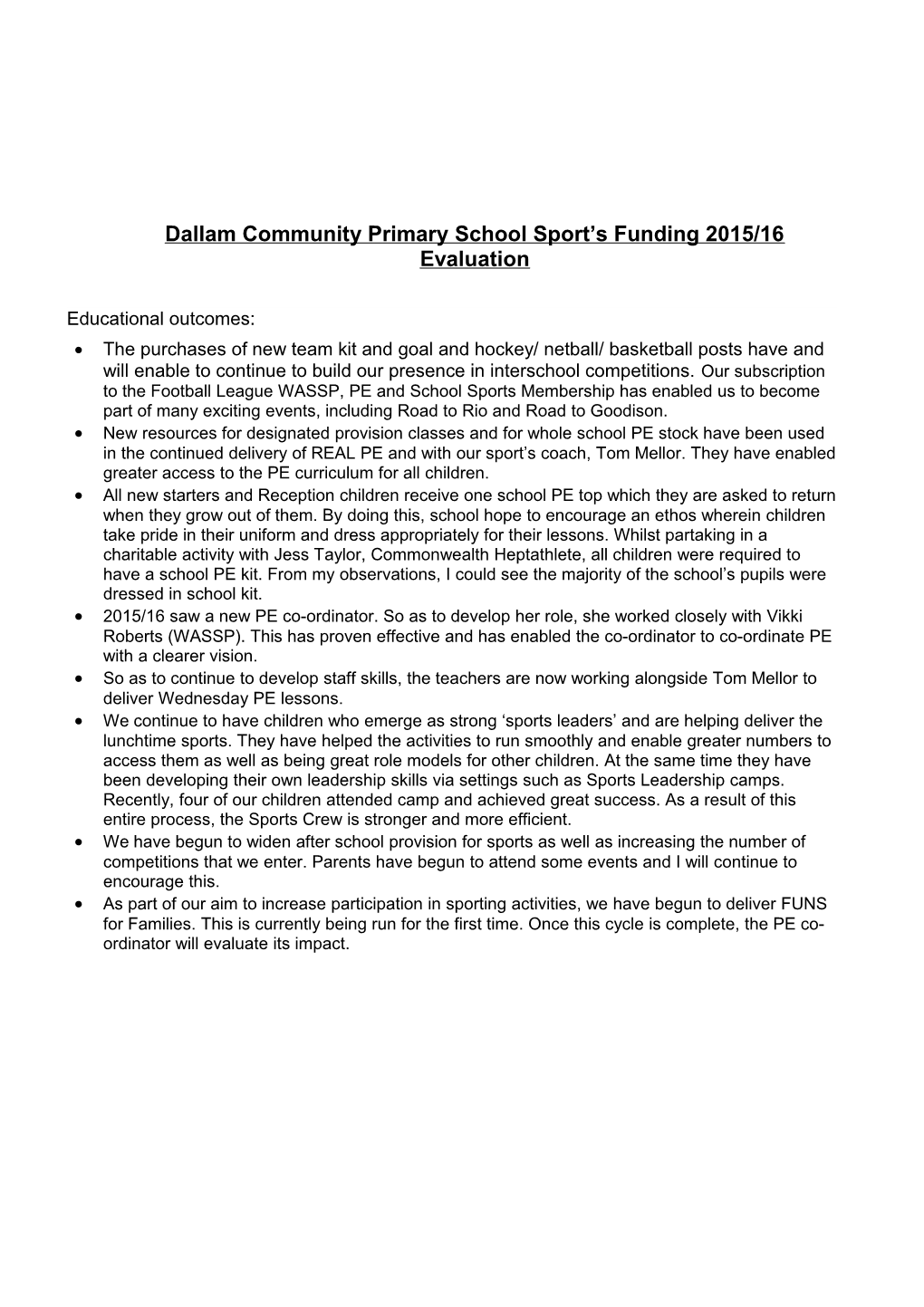 Dallam Community Primary School Sport S Funding 2015/16