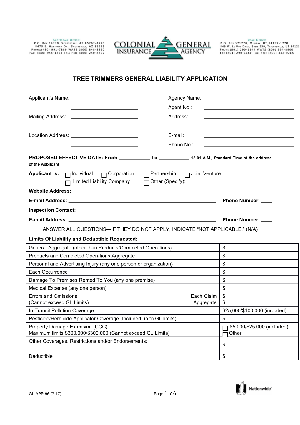 Tree Trimmers General Liability Application