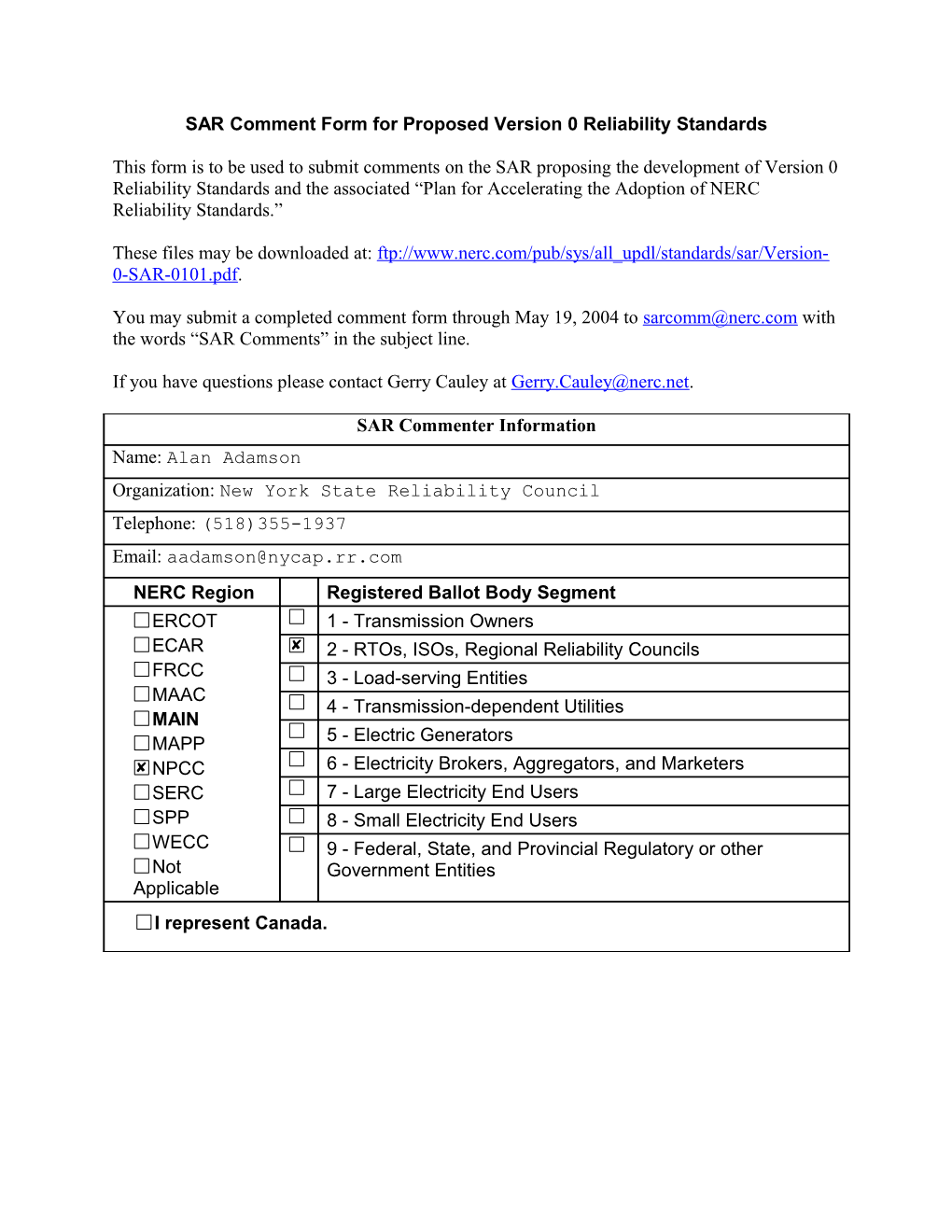 SAR Comment Form for Proposed Version 0 Reliability Standards