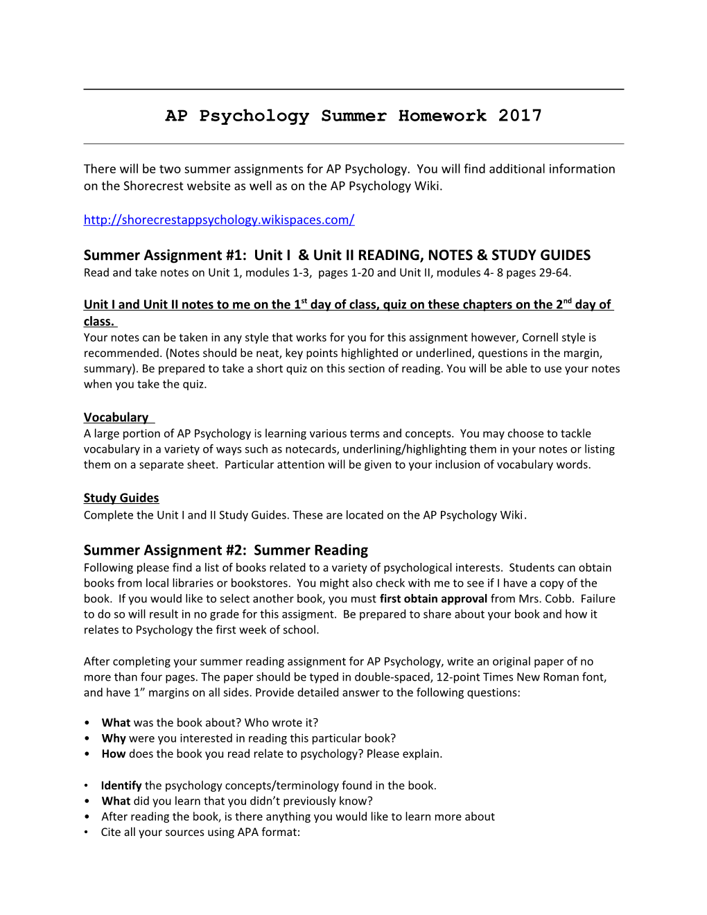 AP Psychology Summer Homework 2012-2013