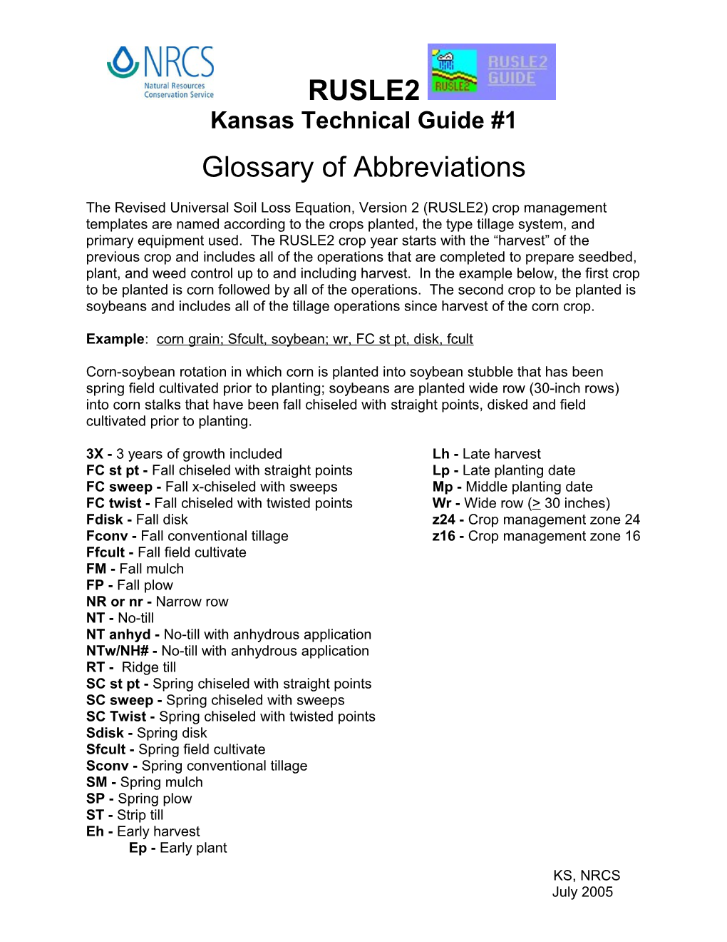 RUSLE2 Glossary of Abbreviations Includes All of up to and the First Crop to Be Planted