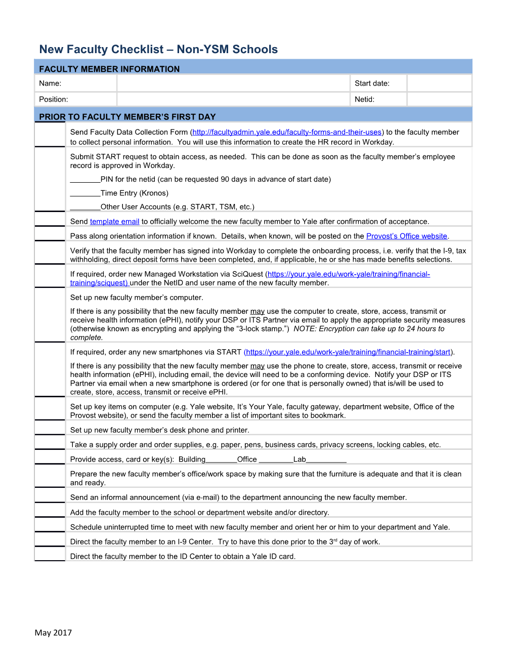 New Faculty Checklist Non-YSM Schools