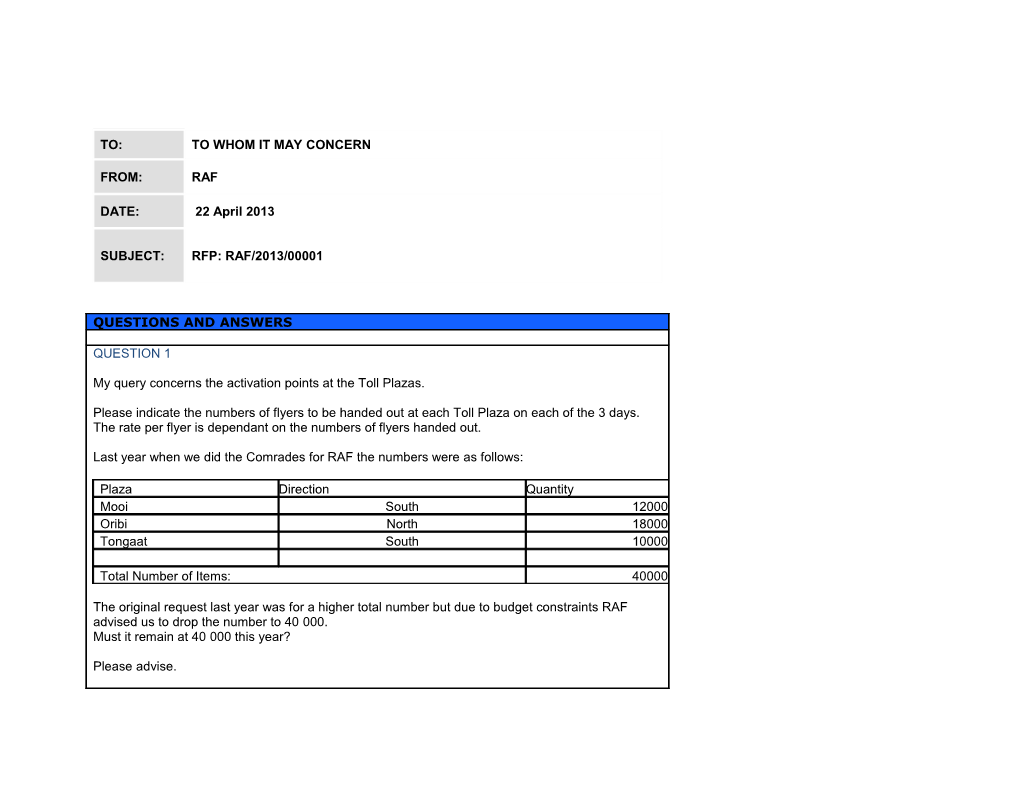 Question and Answers Pack RAF/2013/00001