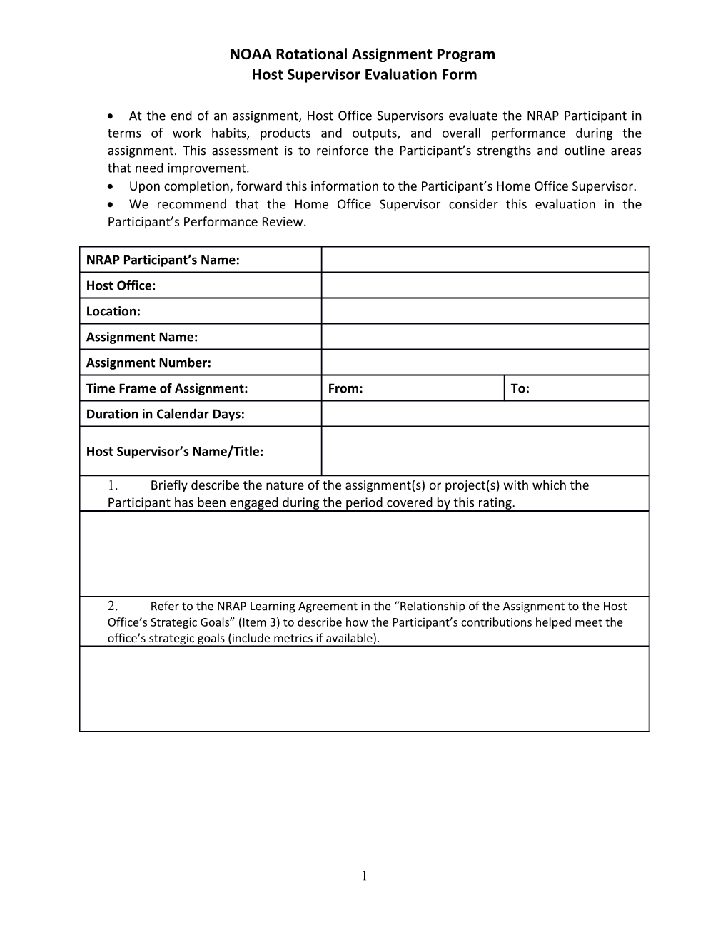 NRAP Host Evaluation Form of Participants, to Go to Participant's Home Office Supervisor