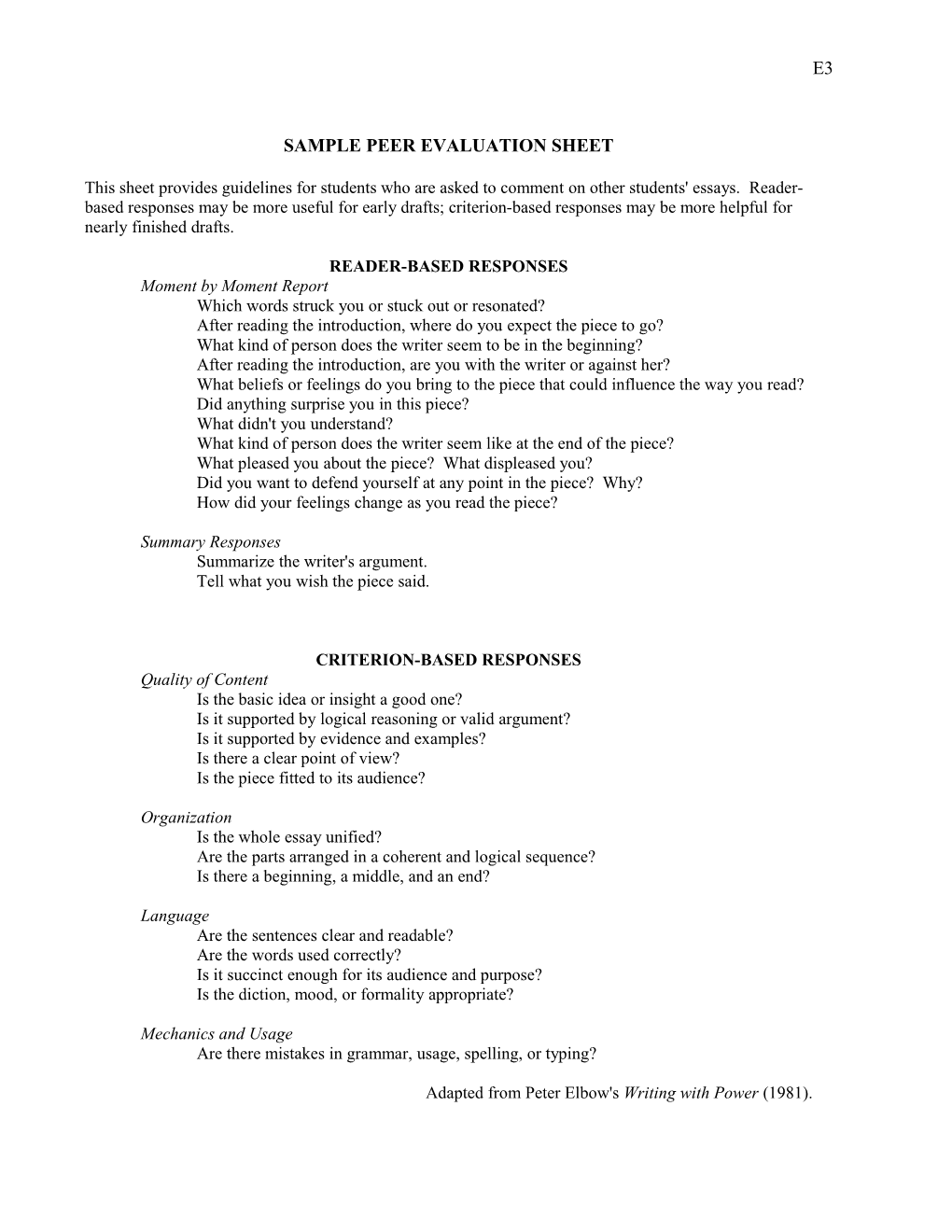 Sample Peer Evaluation Sheet