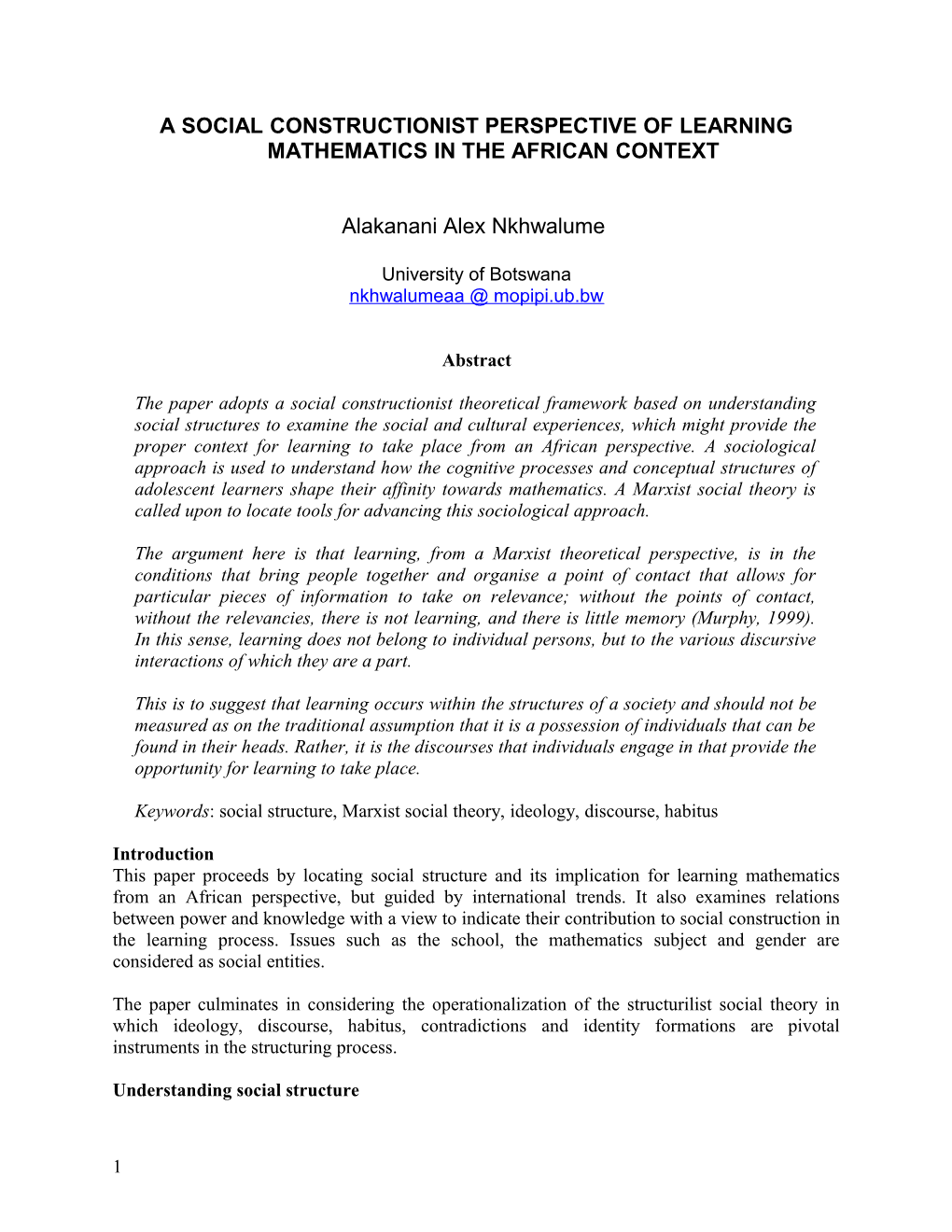 A Social Constructionist Perspective of Learning Mathematics in the African Context