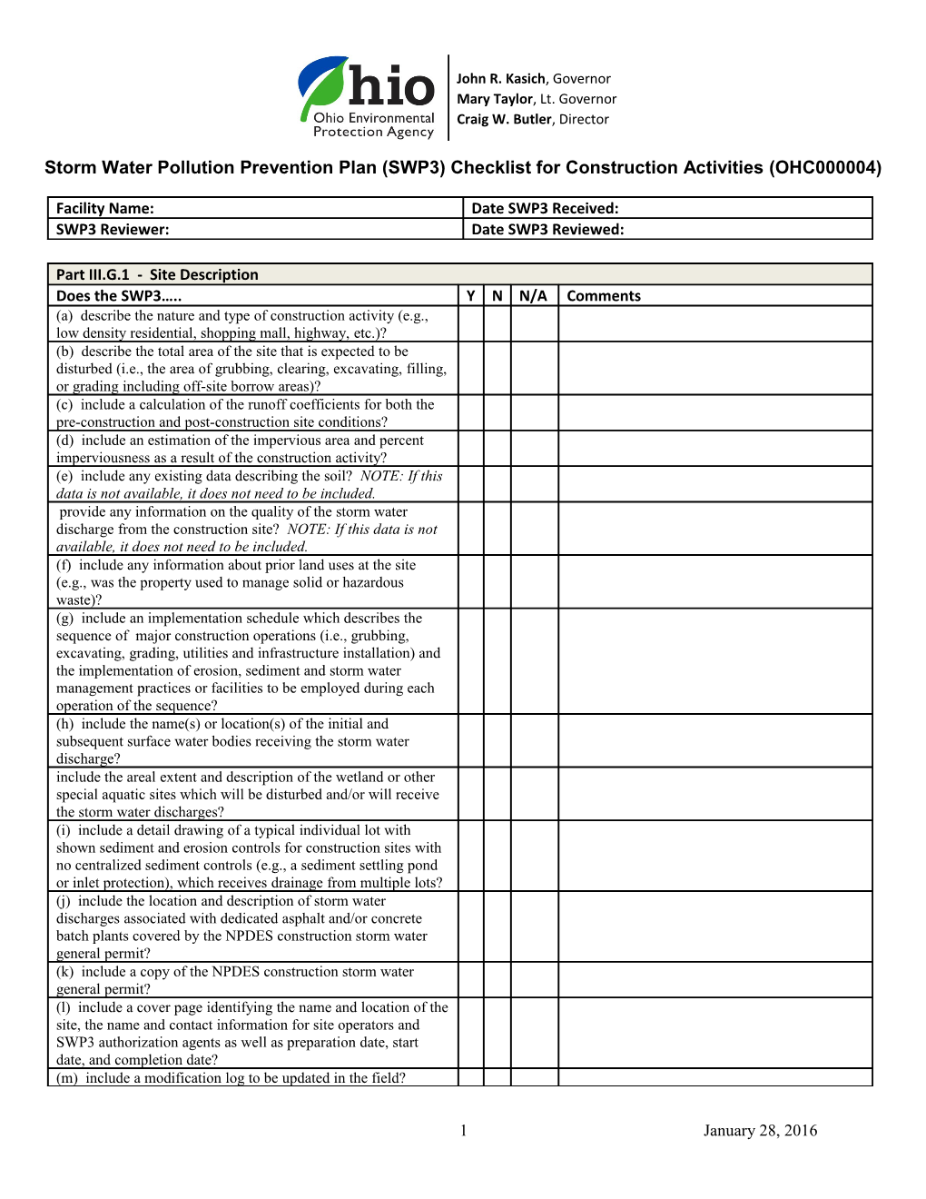 Storm Water Pollution Prevention Plan (SWP3) Checklist for Construction Activities (OHC000004)