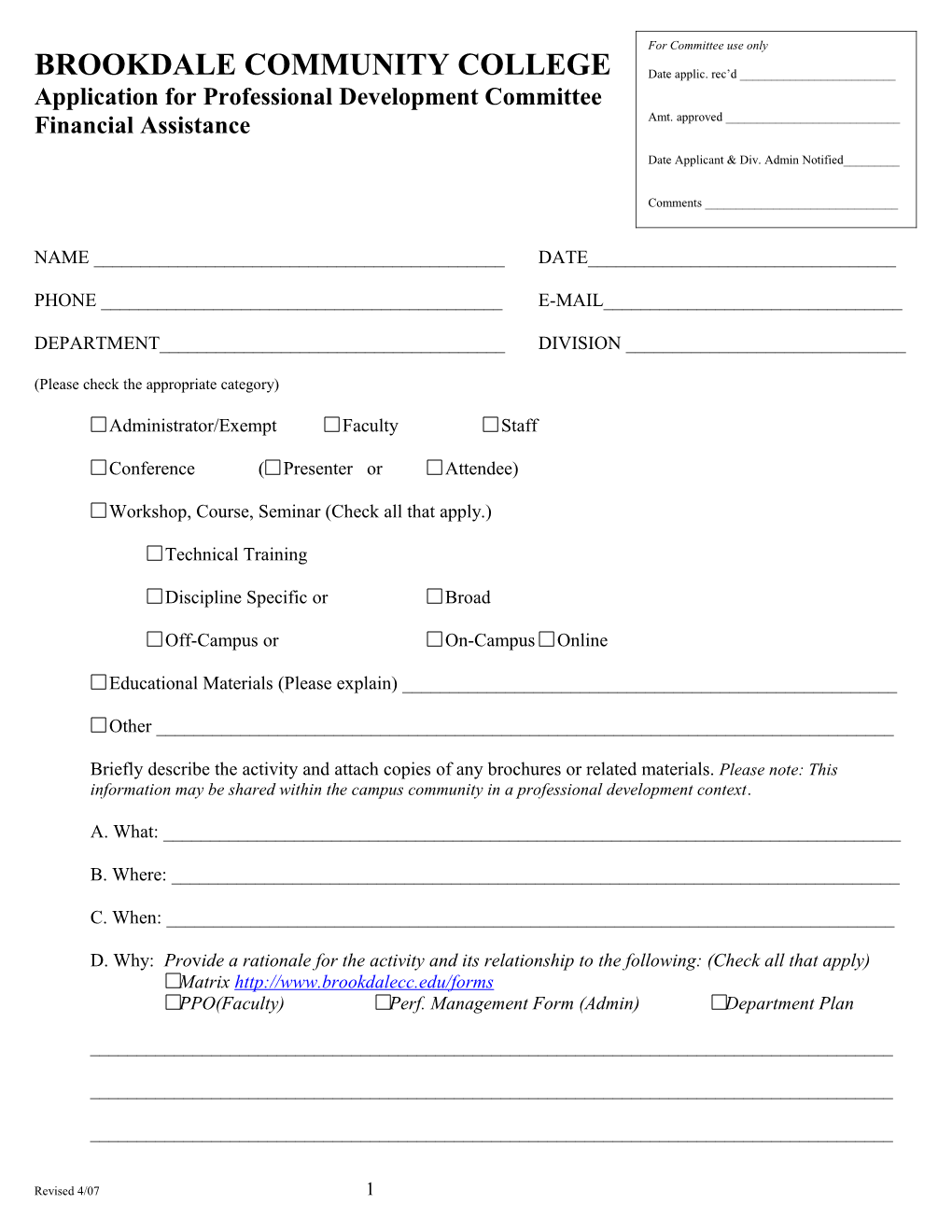 Application for Professional Development Committee