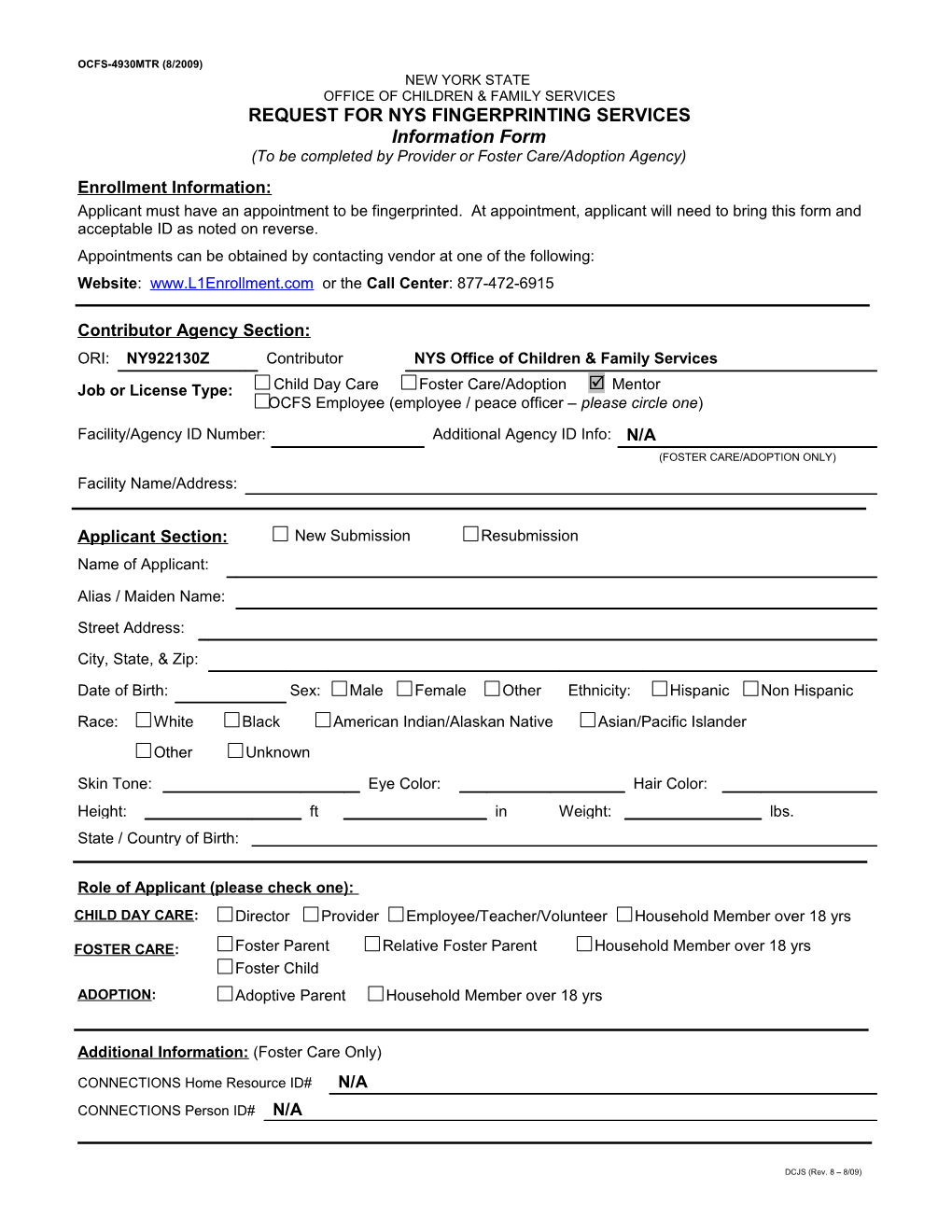 Application Form for Livescan Fingerprinting