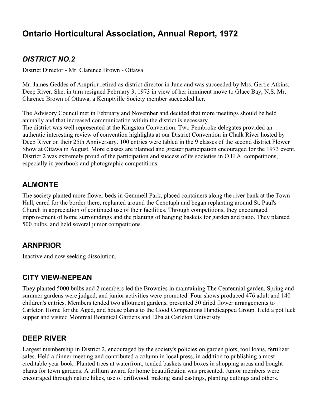 Ontario Horticultural Association, Annual Report, 1972