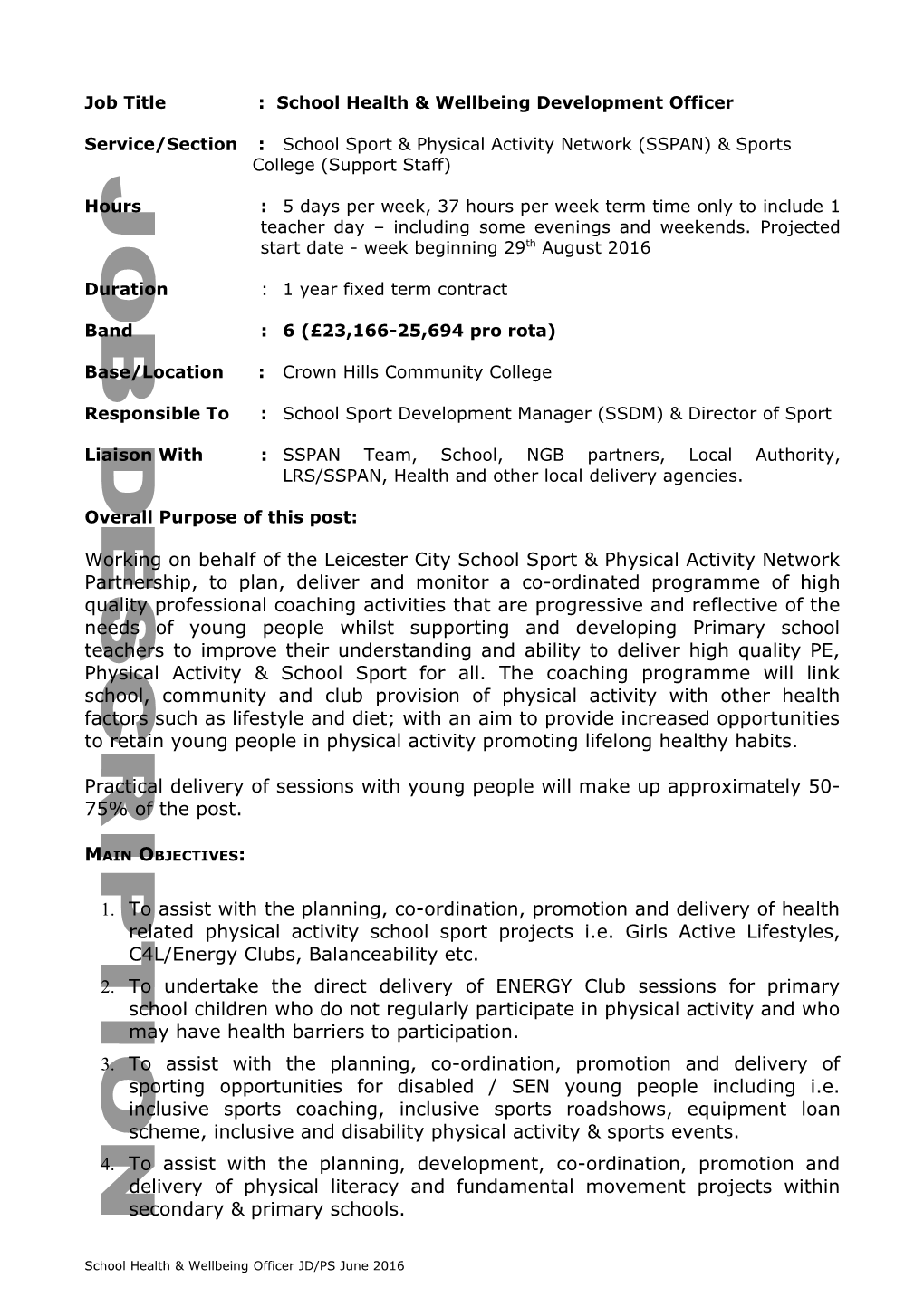 Job Title : School Health & Wellbeing Development Officer