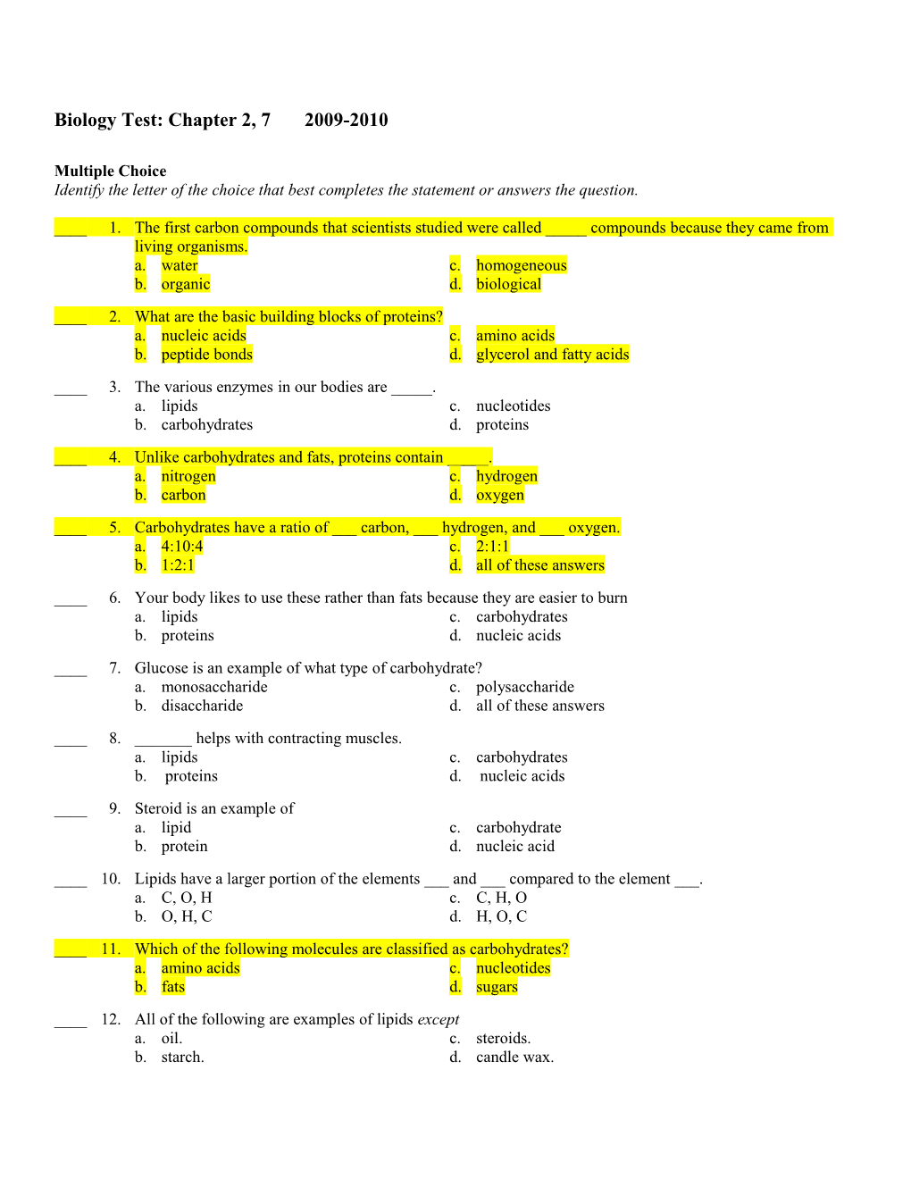 Biology Test: Chapter 2, 7 2009-2010