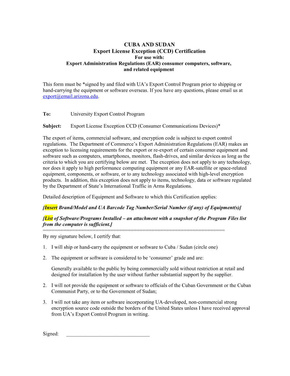 Export License Exception (CCD) Certification