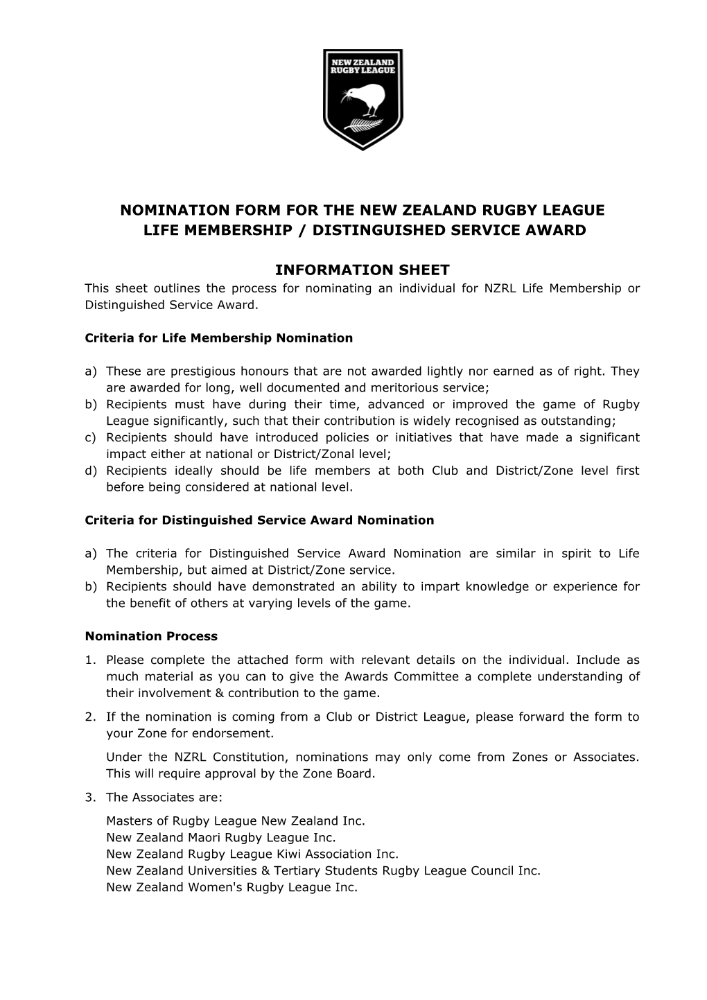 Nomination Form for the New Zealand Rugby League