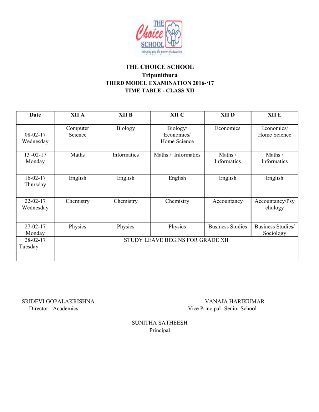 Time Table - Class Xii