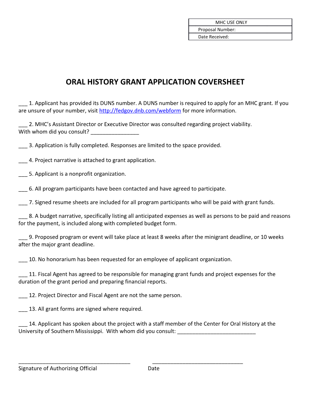 Oral History Grant Application Coversheet