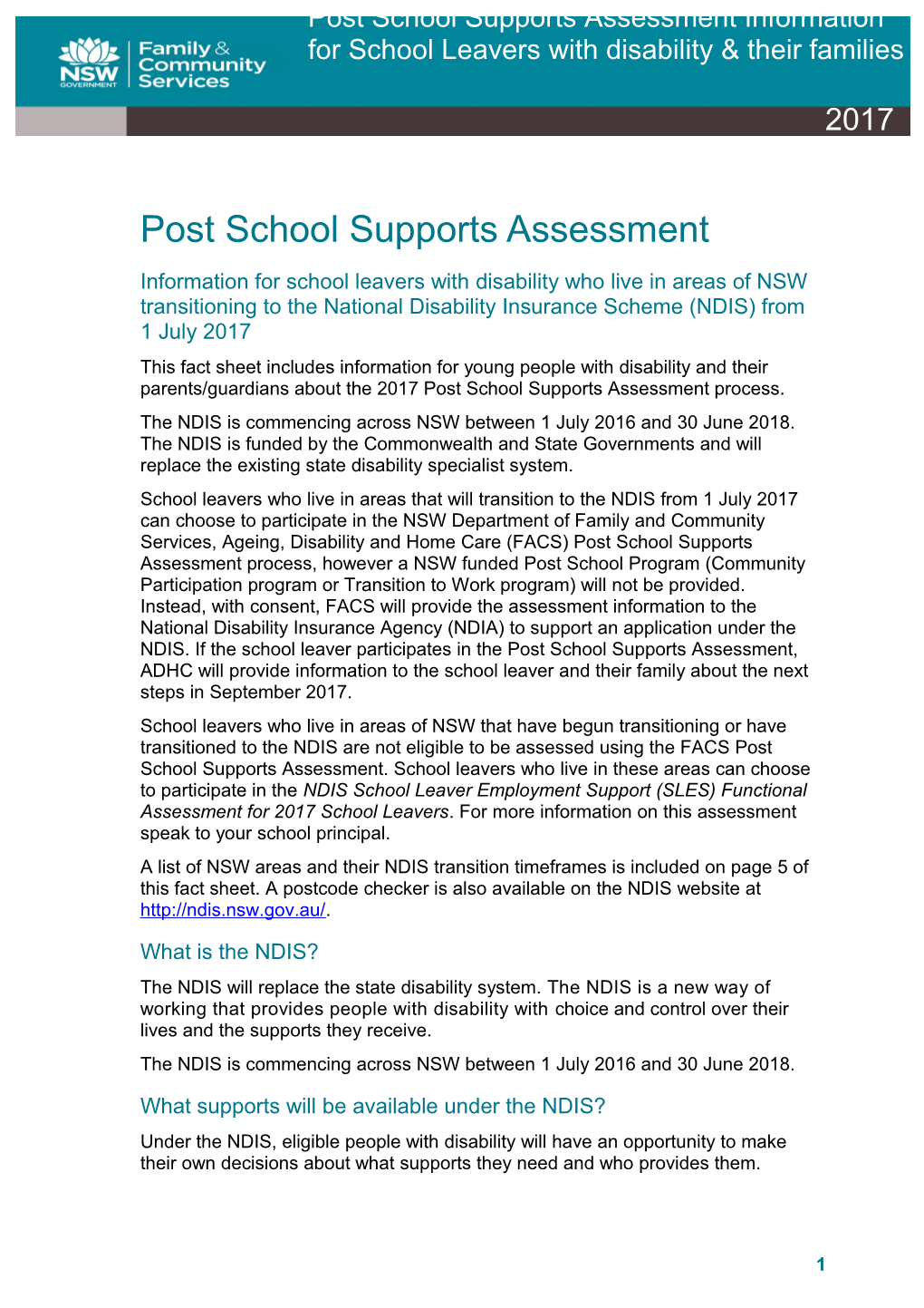 Post School Supports Assessment