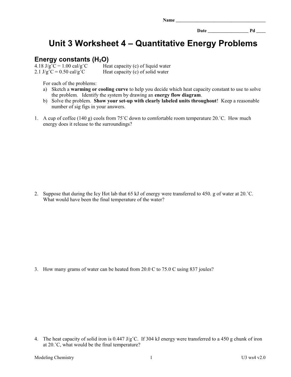 Unit 3 Worksheet 4 Quantitative Energy Problems