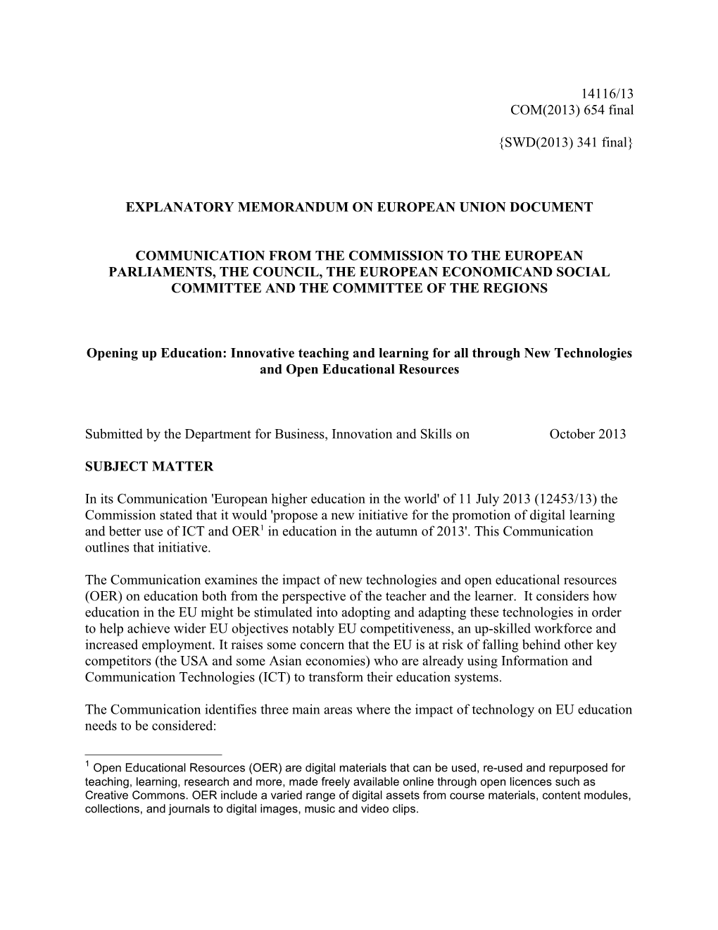 Explanatory Memorandum on European Union Document