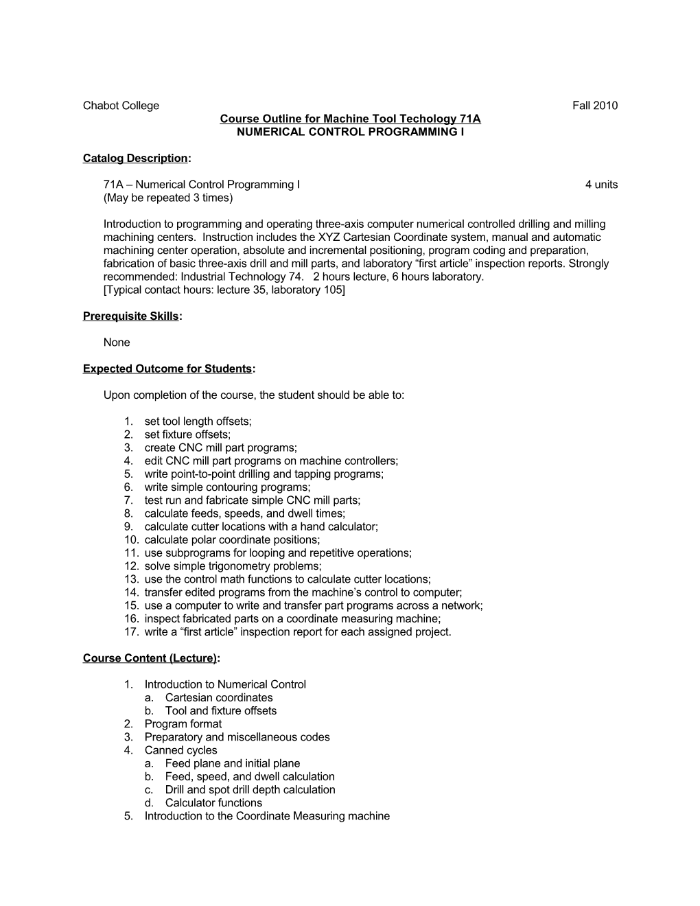 Course Outline for Machine Tool Technology 71A Page 3