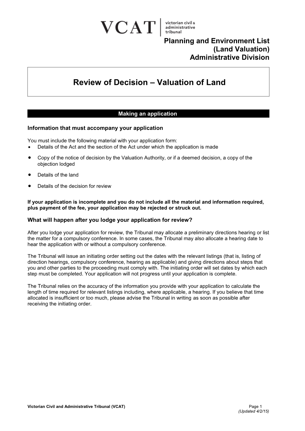 Application for Review of Decision - Valuation of Land