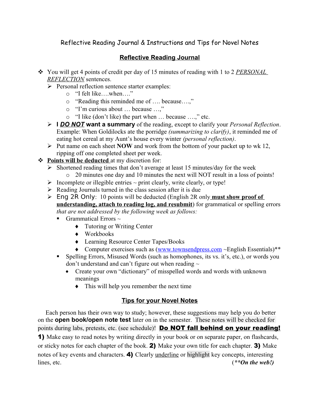 Reflective Reading Journal & Instructions and Tips for Novel Notes