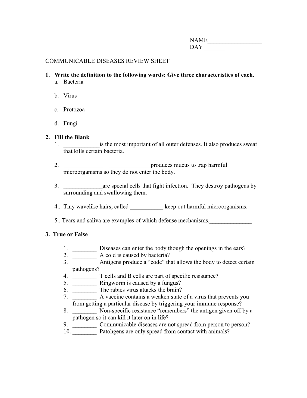 Communicable Diseases Review Sheet