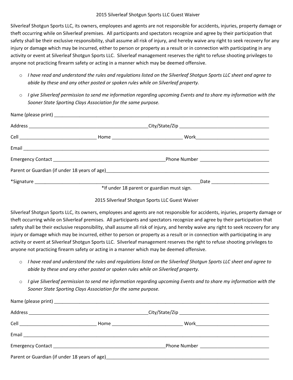 2015 Silverleaf Shotgun Sports LLC Guest Waiver