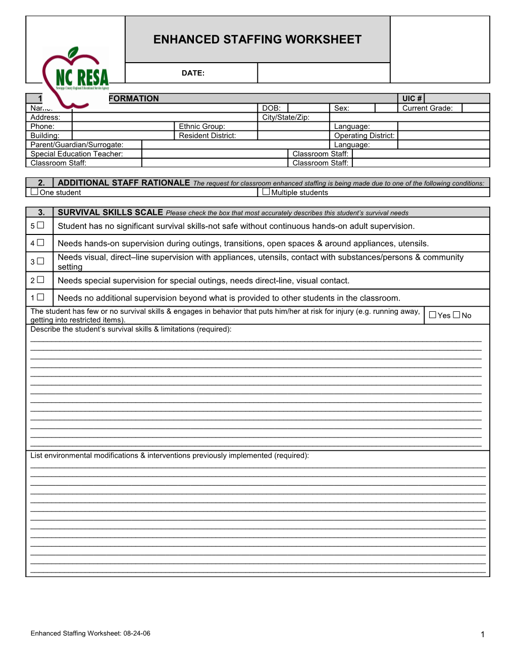 Enhanced Staffing Worksheet