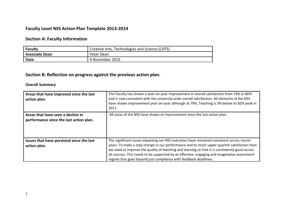 Faculty Level NSS Action Plan Template 2013-2014