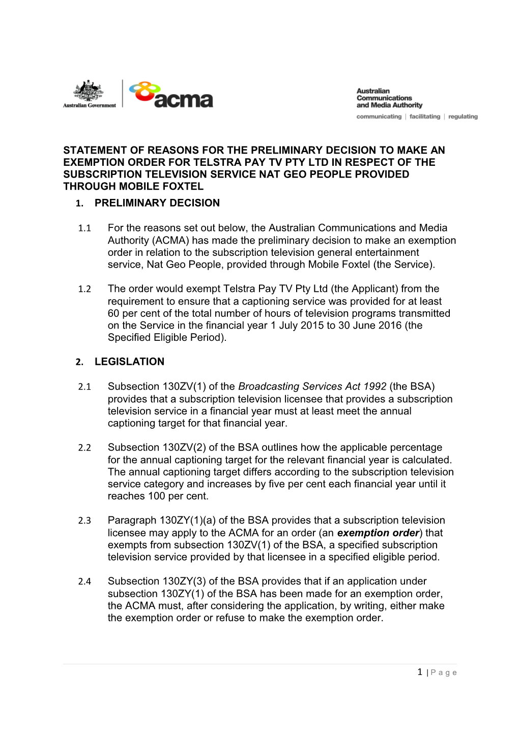 Statement of Reasons for the Preliminary Decision to Make an Exemption Order for Telstra
