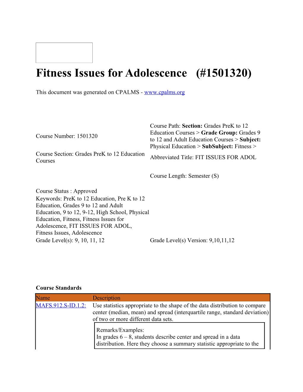 Fitness Issues for Adolescence (#1501320) This Document Was Generated on CPALMS