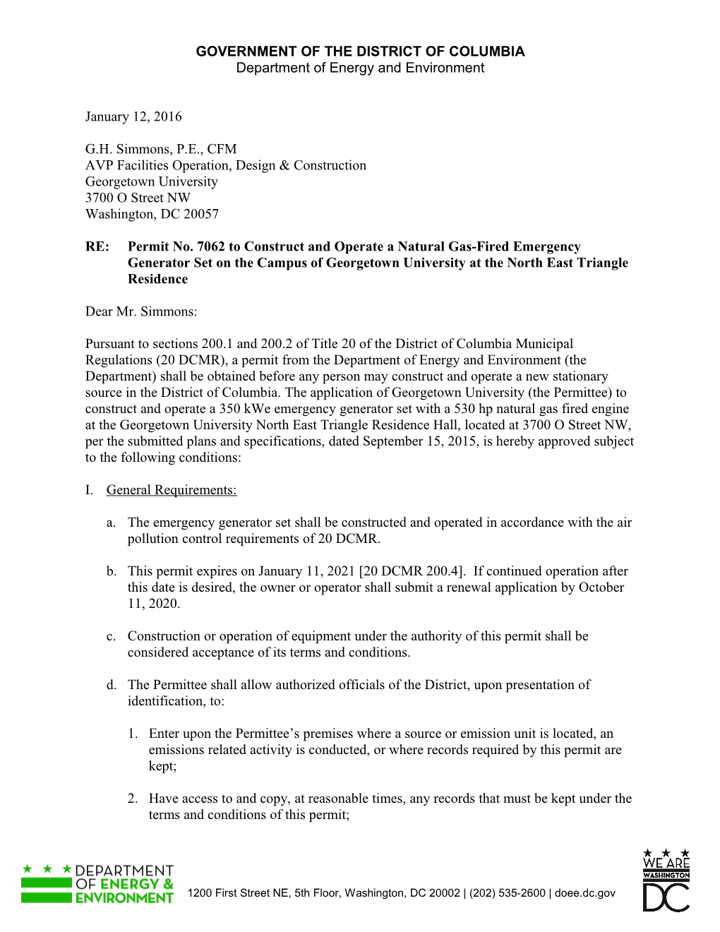 Permit No. 7062 to Construct and Operate a Natural Gas-Fired Emergency Generator