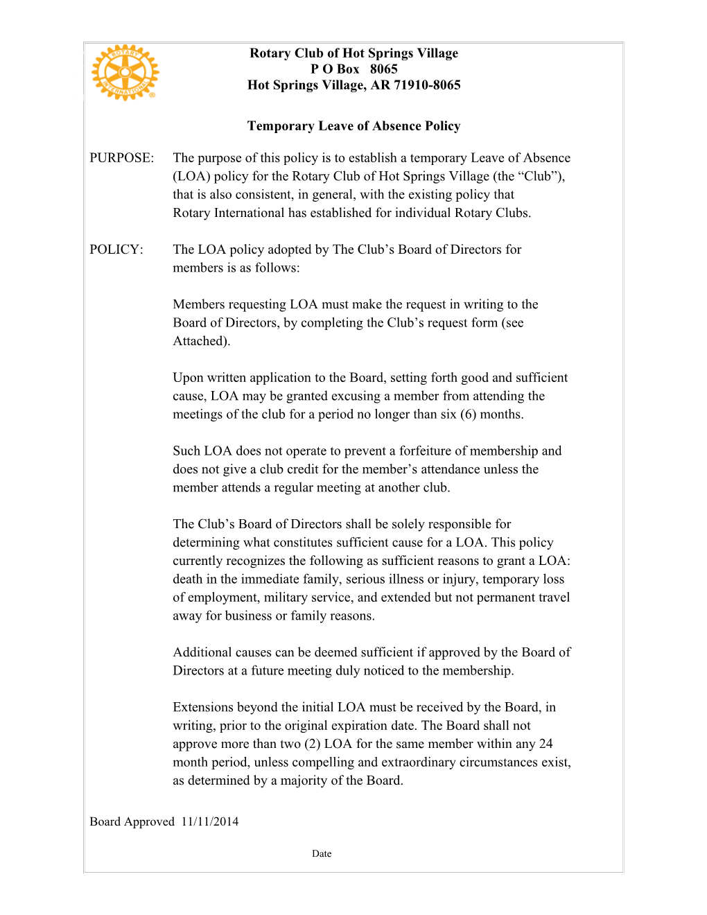 Temporary Leave of Absence Policy