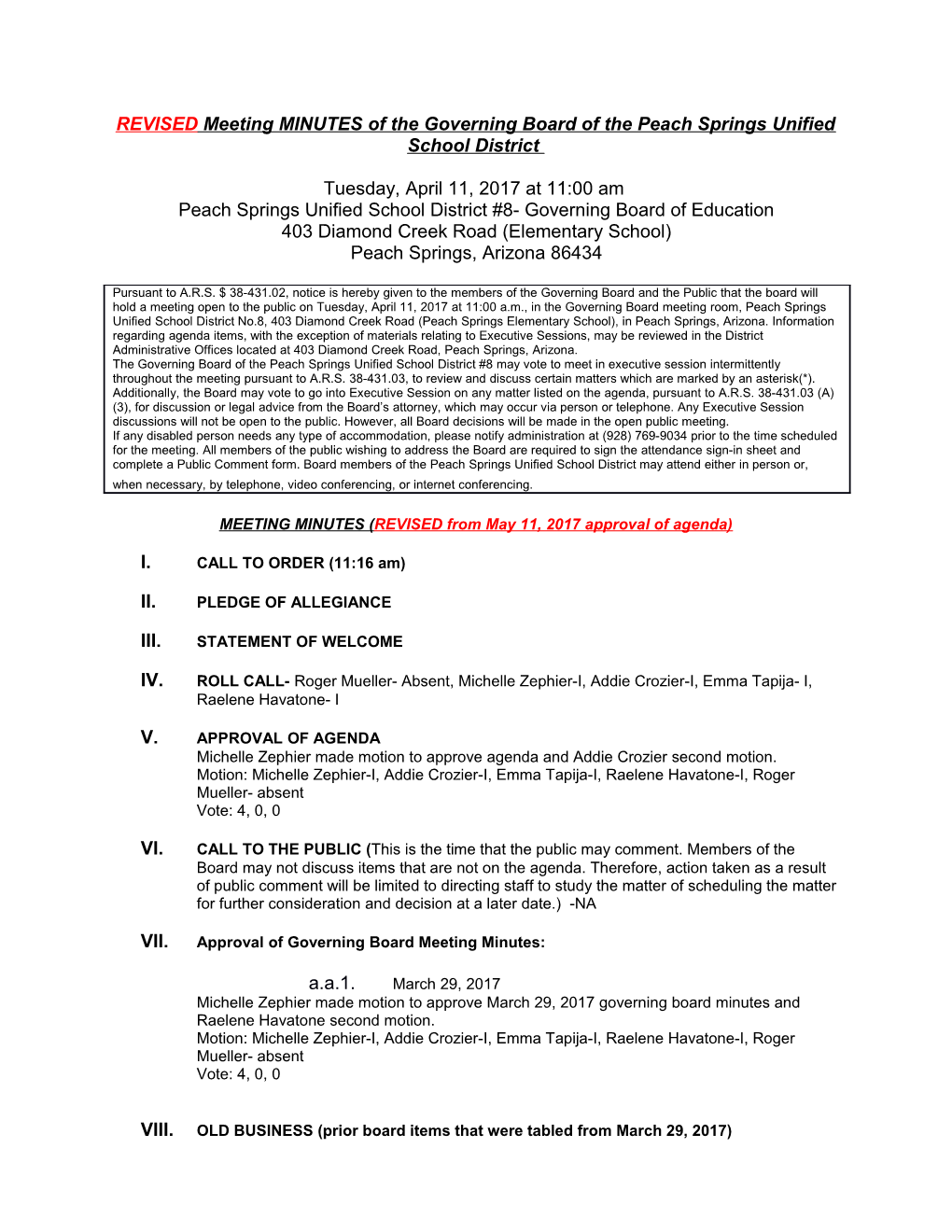 REVISED Meeting MINUTES of the Governing Board of the Peach Springs Unified School District