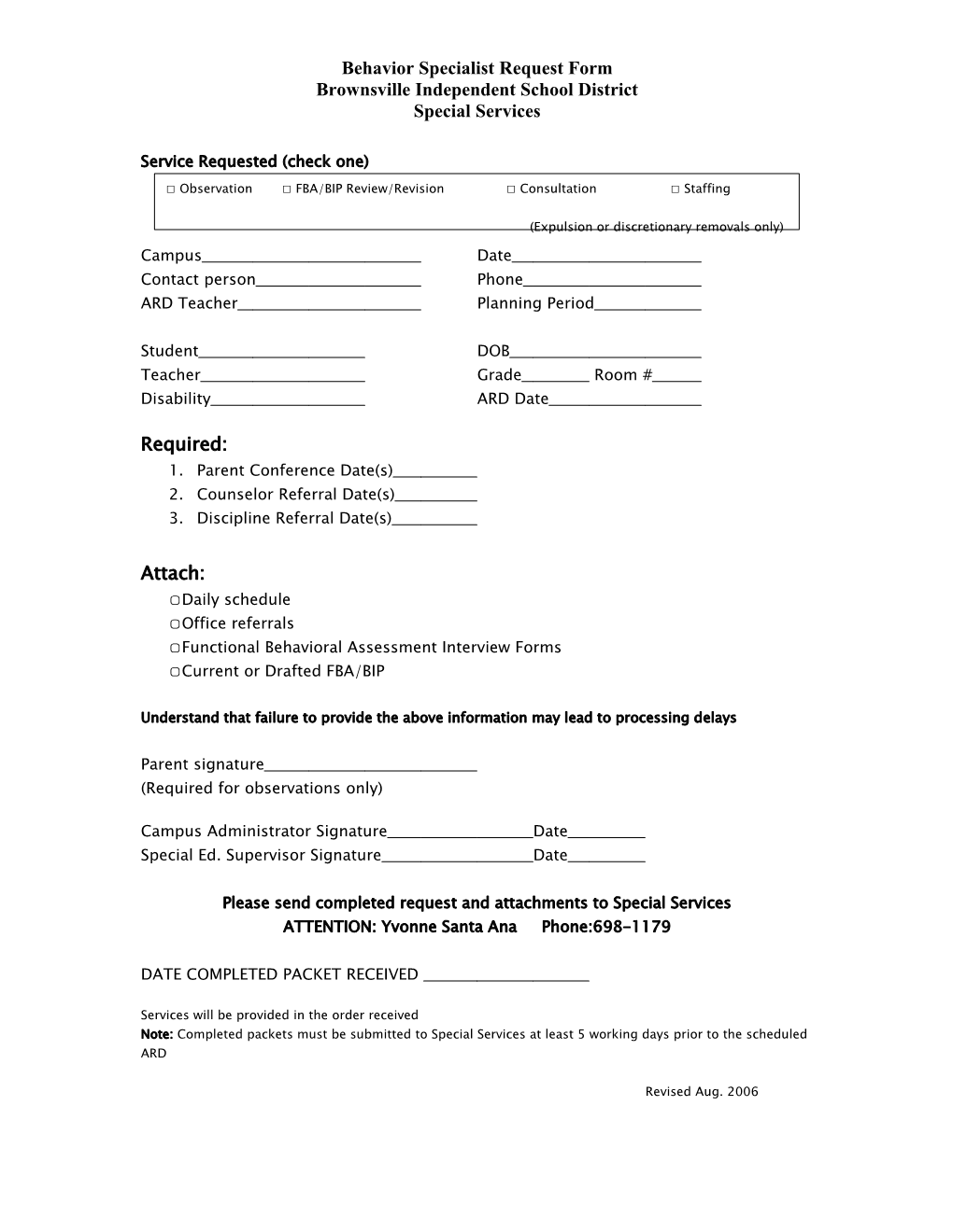 Behavior Specialist Request Form