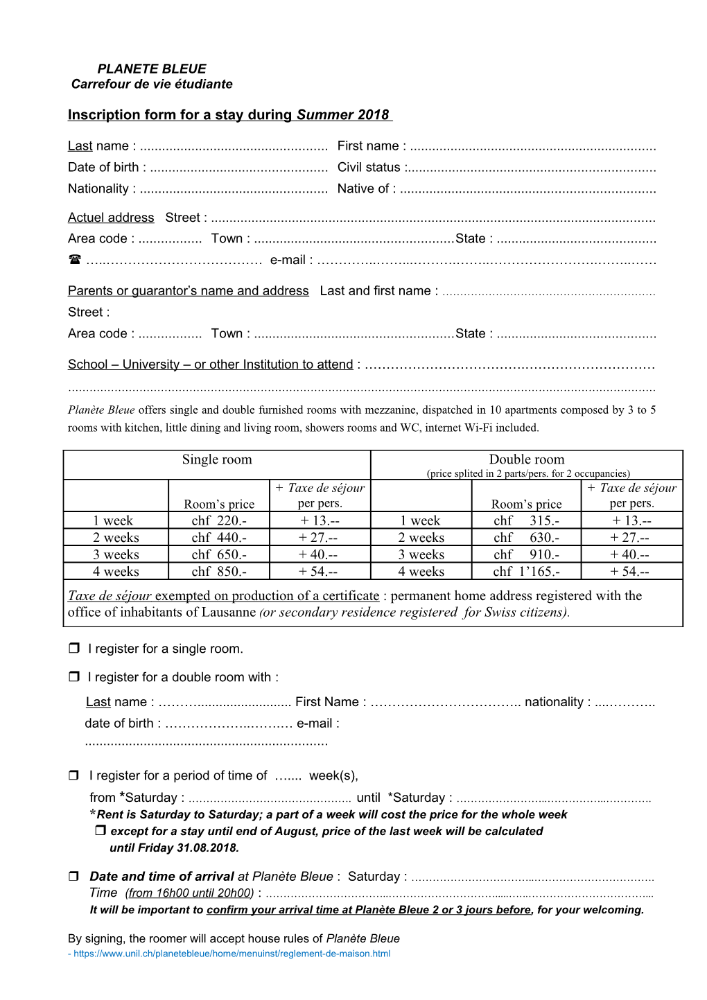 Inscription Form for a Stay During Summer 2018