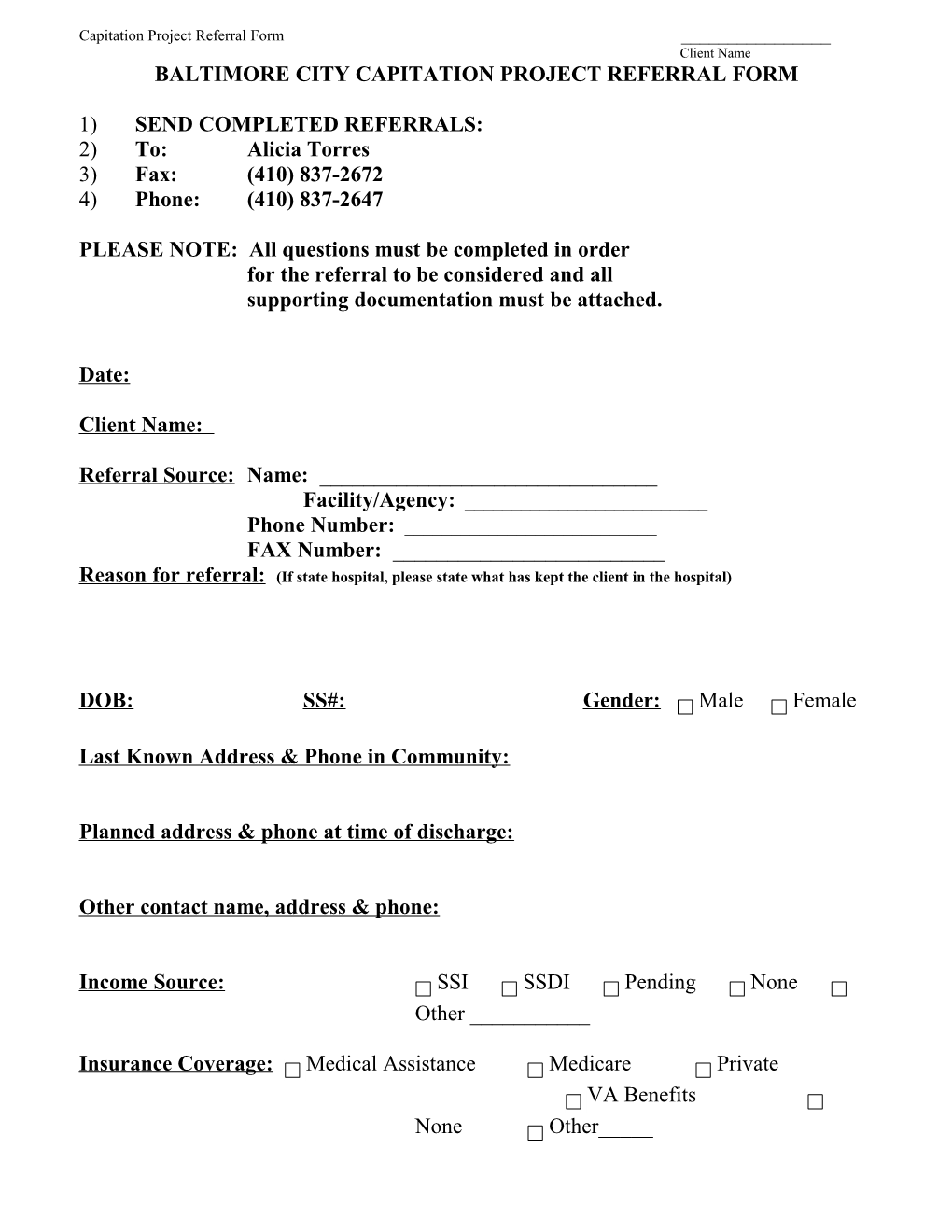 Baltimore Capitation Project Referral Form