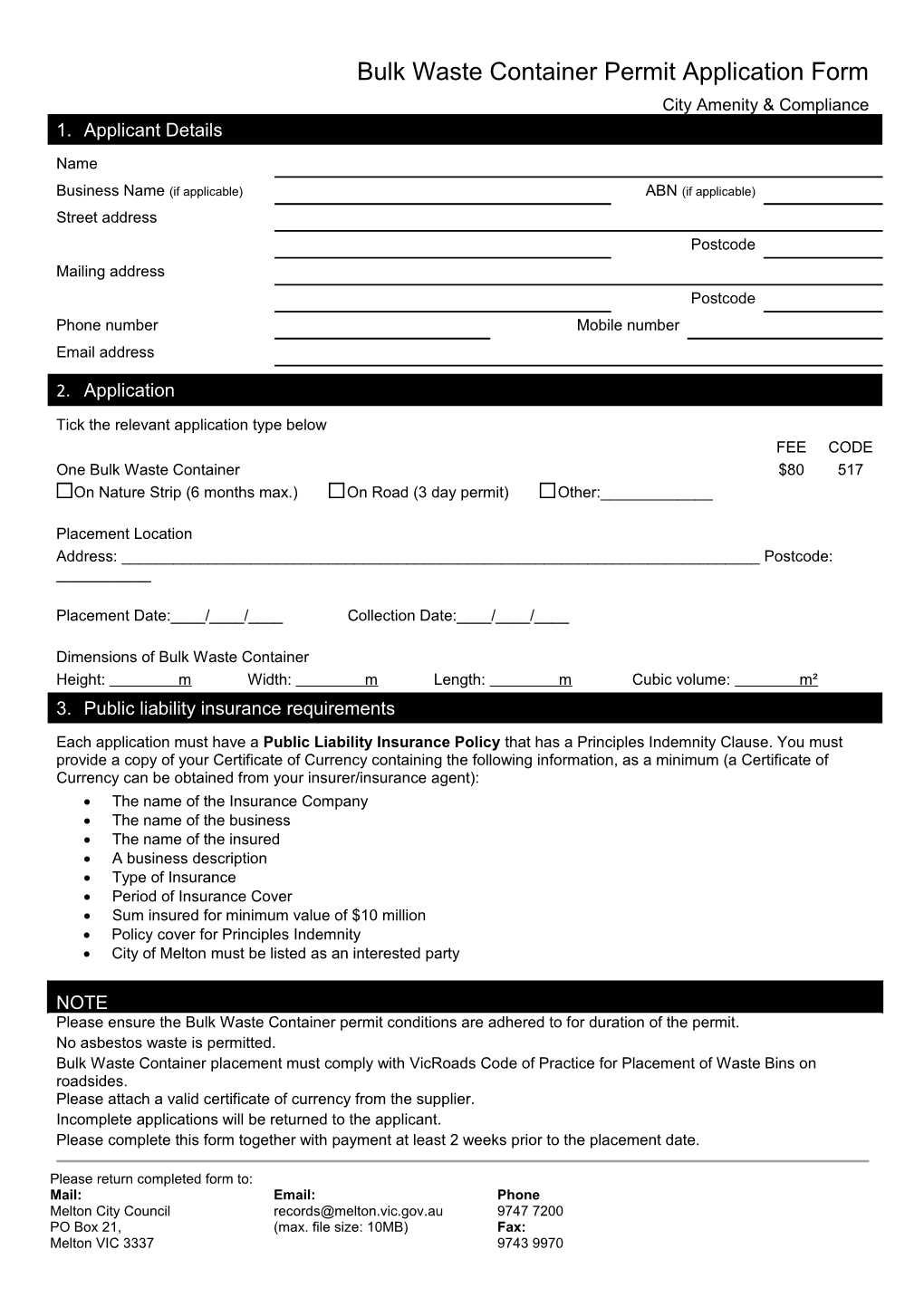 Bulk Waste Container Permit Application Form