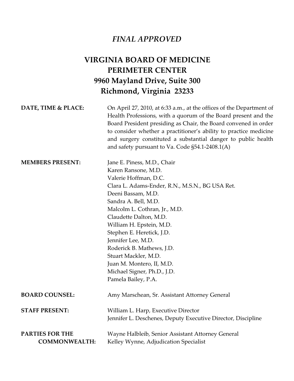 Virginia Board of Medicine Minutes Page #2