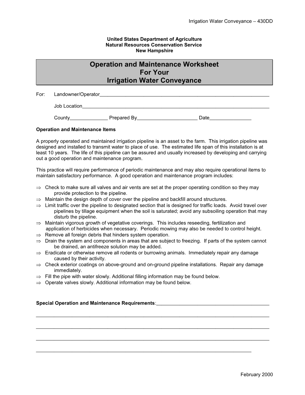 Operation and Maintenance Worksheet for Your Irrigation Water Conveyance