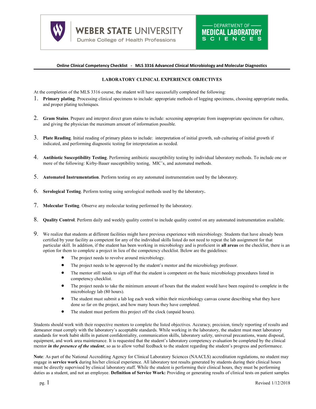 Online Clinical Competency Checklist - MLS 3316 Advanced Clinical Microbiology and Molecular